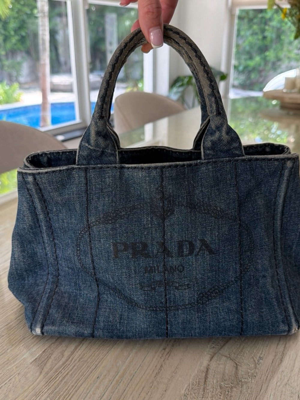 Prada Denim Tote in Dark Blue with Black Logo
